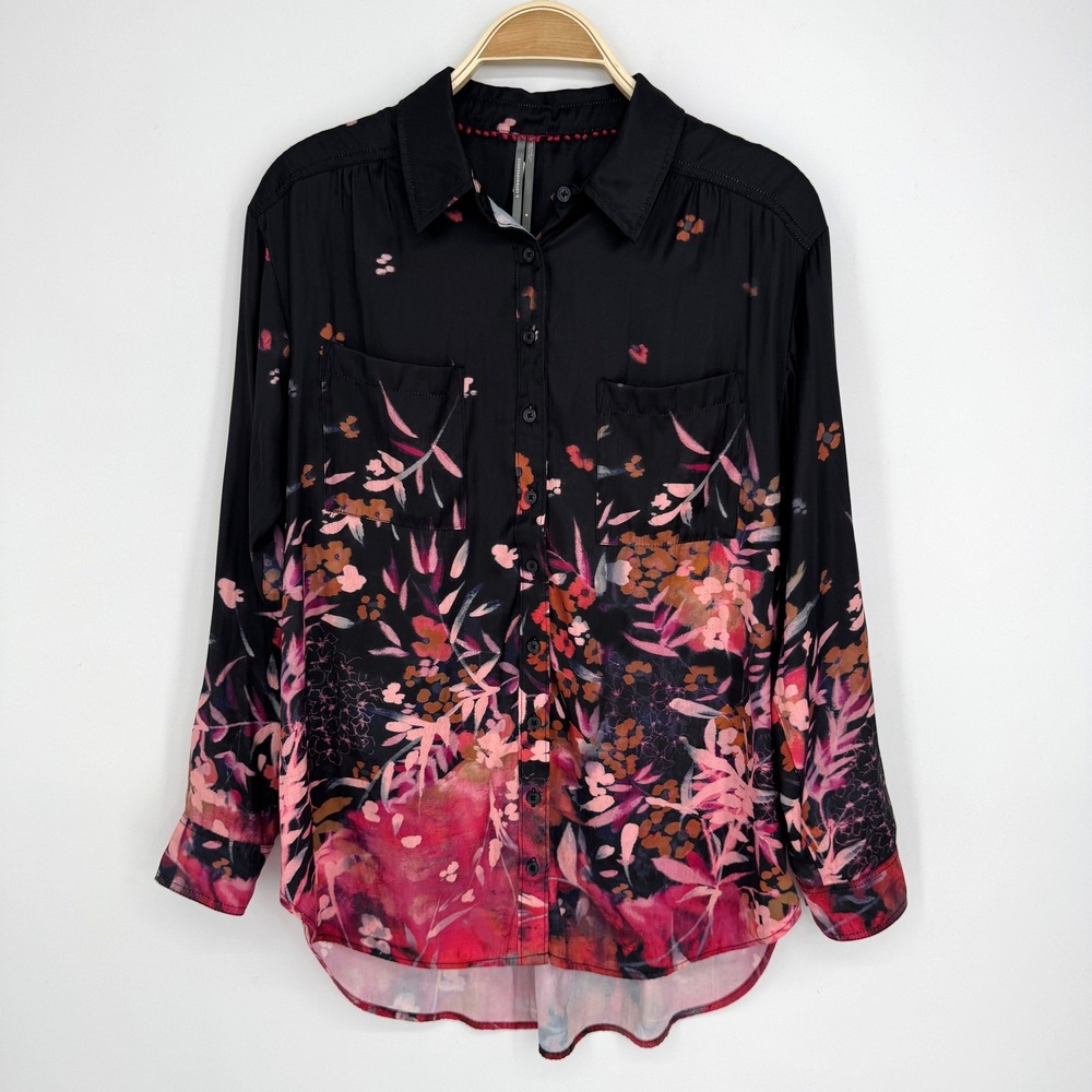 Anthropologie Floral Button Down Shirt Medium Black Pink Long Sleeve Blouse